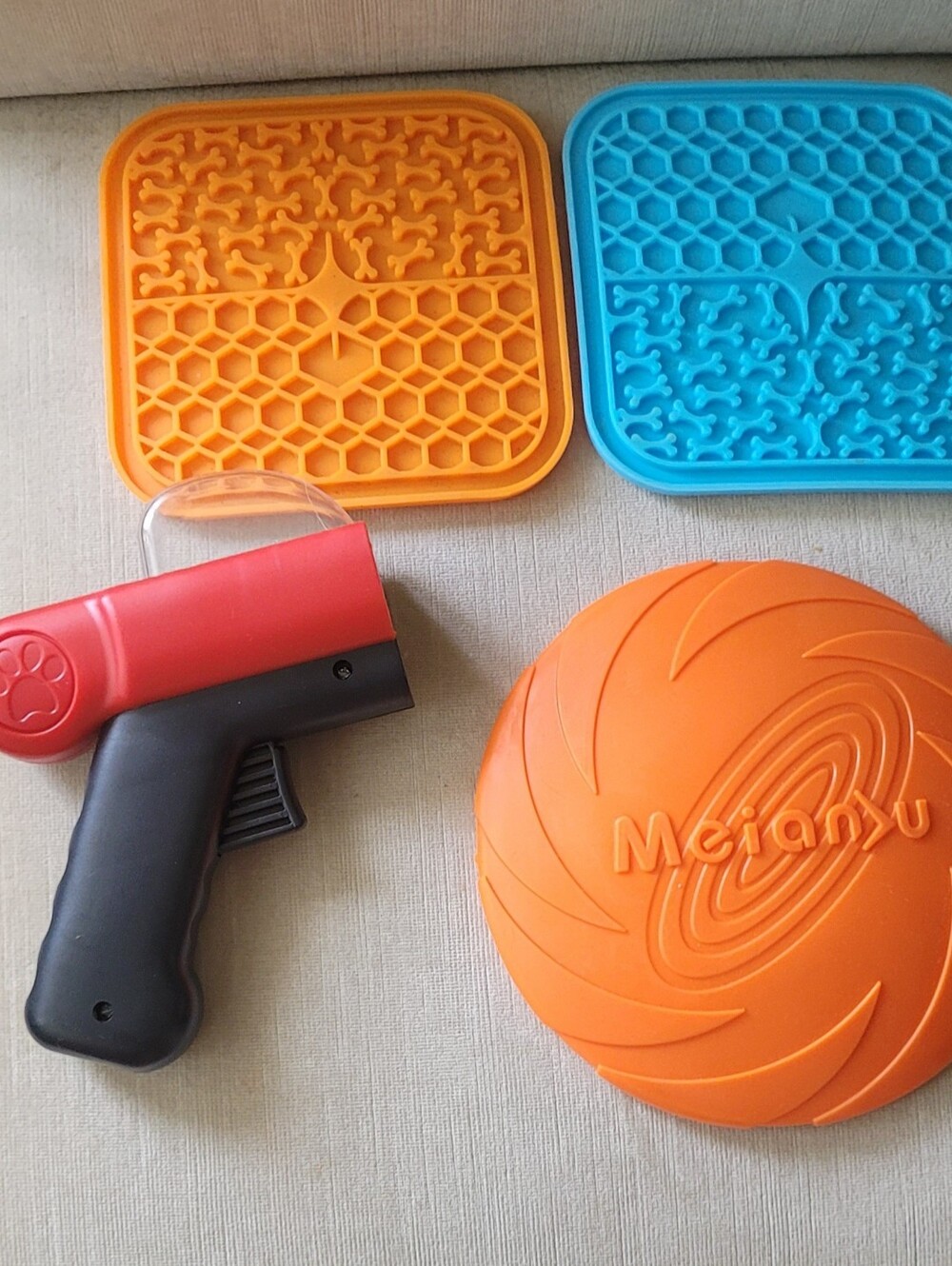 Dog's Orange Flying Disc,  Blue/Orange Training Mats & Treat Launcher
